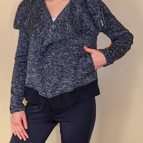 Charcoal Gray Fleece Moto sweatshirt shacket w/ black elbow patches & waistband - Picture 16 of 16